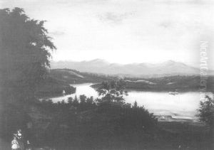 Sunset River Landscape With A Steamboat by Thomas Chambers