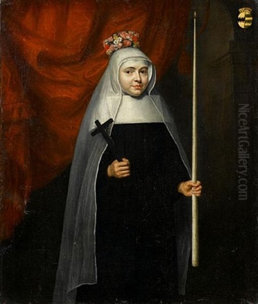 Portrait Of A Child Dressed As A Carmelite Nun Holding A Crucifix And A Candle, Wearing A Crown Of Flowers, Standing Before A Red Curtain - view 1