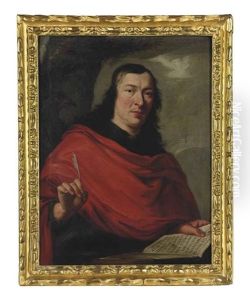 Portrait Of A Gentleman As Saint John The Evangelist, Half-length, With A Book And A Quill Pen by Philippe de Champaigne