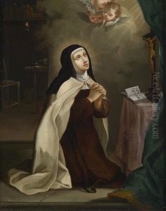 Die Heilige Theresia Von Avila Im Gebet In Ihrer Zelle, Vor Dem Kruzifix Ein Aufgeschlagenes Buch Mit Ihrem Motto Aut/pari Aut/mori