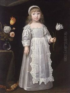 A Portrait Of A Young Girl Wearing A White Dress With An Apron Set With Lace And A White Bonnet, Holding A Tulip In Her Left Hand