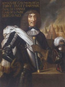 Portrait Of Armand De Caumont, Duc De La Force, Marshal Of France, In Armour, Holding A Baton, His Helm Beside Him by Philippe de Champaigne