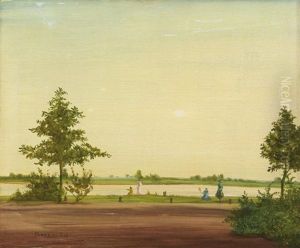 Flusslandschaft Mit Spielenden Kindern Flusslandschaft Mit Spielenden Kindern