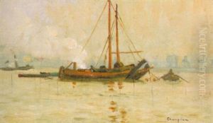Fluslandschaft Mit Dampfer Fluslandschaft Mit Dampfer
