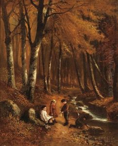 Children By A Forest Stream, Autumn by Benjamin Champney