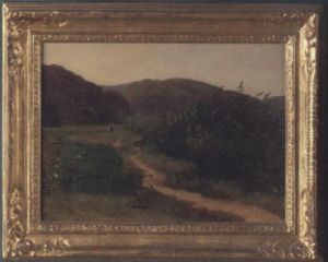 Landscape With A Woman Walking On A Path With Mountains In Background Landscape With A Woman Walking On A Path With Mountains In Background