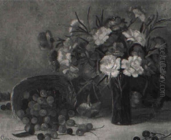 Basket Of Cherries With Vase Of Carnations - view 1