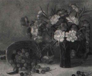 Basket Of Cherries With Vase Of Carnations by Benjamin Champney