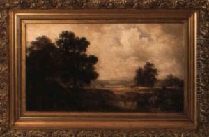 The Day's Labors/ A Panoramic Landscape With Figures, Cottages And Wagon by Benjamin Champney