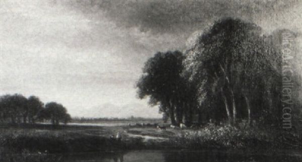 Figures And Cattle By A Stream - view 1