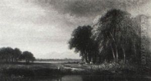Figures And Cattle By A Stream by Benjamin Champney