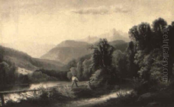 A Farmer At A Riverside With Mountains The Background (new Hampshire?) - view 1