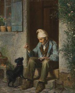 Old Man Feeding A Dog by James Wells Champney