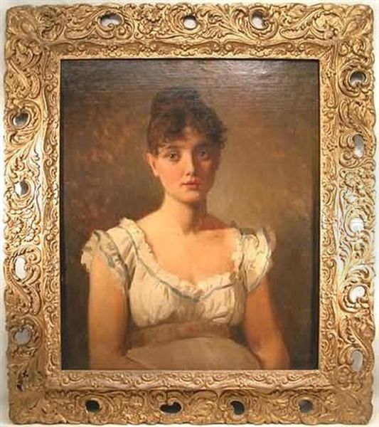 Portrait Of A Young Woman With Upswept Brown Hair And White Decollete With Blue Ribbon Trim - view 1