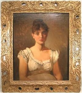Portrait Of A Young Woman With Upswept Brown Hair And White Decollete With Blue Ribbon Trim