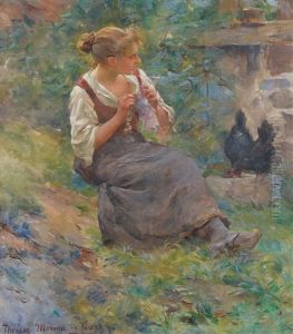Jeune Paysanne Tricotant by Therese De Champ-Renaud