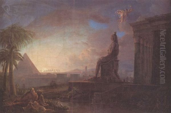 La Statue Colossale De Memmon, Fils De L'aurore, Qui Rendait Un Son Plaintif Au Moment Ou La Deesse Paraissait; Mais Alors Lucifer, Autre Fils De L'aurore, L'entraine Vers Un Autre Hemisphere - view 1