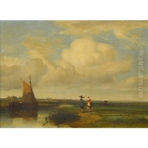 Weite Uferlandschaft Mit Boot Und Paar by Jules Michel Chandelier