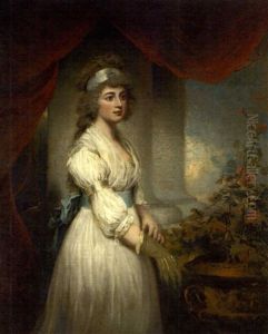 Portrait Of Lady Frances Herbert In A White Dress With Blue Sash, Tending A Geranium In An Urn, By A Column And A Red Curtain, With Sky Beyond
