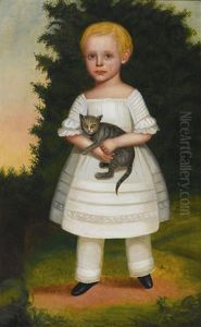 Full-length Portrait Of A Boy In A White Dress With Pantaloons, Holding A Gray Cat by Joseph Goodhue Chandler