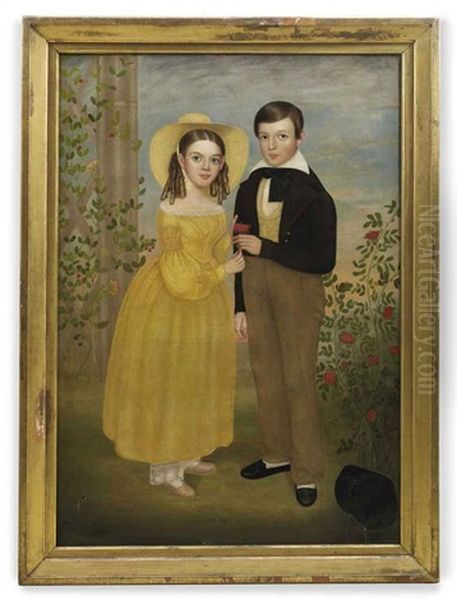 Double Portrait Of A Girl And Boy Standing In A Rose Garden - view 1