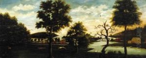 A Landscape With Trees, Red And Yellow Houses On A Lake, Hound Pursuing A Red Fox by Winthrop Chandler