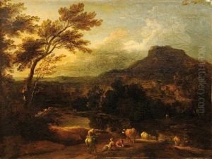Repos De Bergers Devant Une Riviere by Jerome-Francois Chantereau