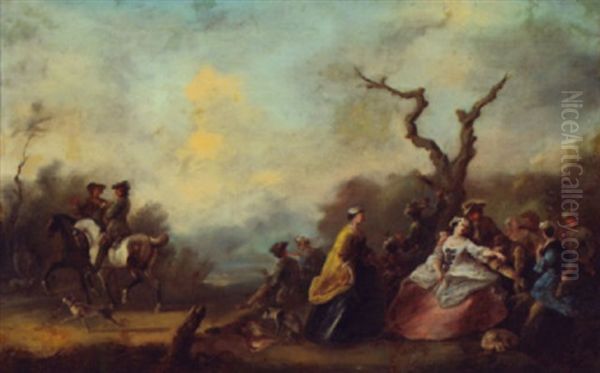 After The Hunt - A Boisterous Party Of Hunters, Ladies, Black Servant Boy, Hounds And Game - view 1