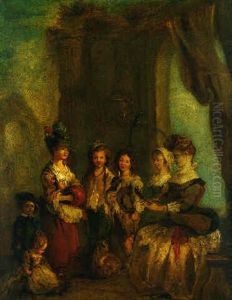 Two Elegant Ladies, One Playing A Guitar, With Their Children And Two Beggar Boys by Jerome-Francois Chantereau