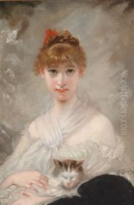 Madchen Mit Weisem Tuch Und Katze Im Arm