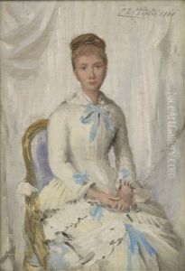Portrait Of A Woman In White With Blue Trim by Charles Joshua Chaplin