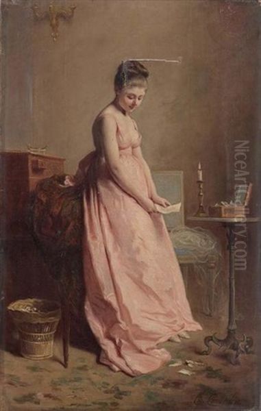 Elegante A La Robe Rose Tenant Une Lettre - view 1