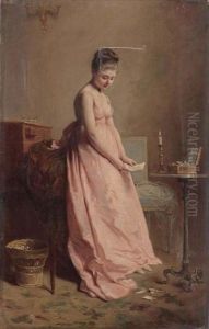 Elegante A La Robe Rose Tenant Une Lettre by Charles Joshua Chaplin