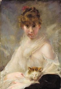 Portrait Of Young Woman With Kitten by Charles Joshua Chaplin