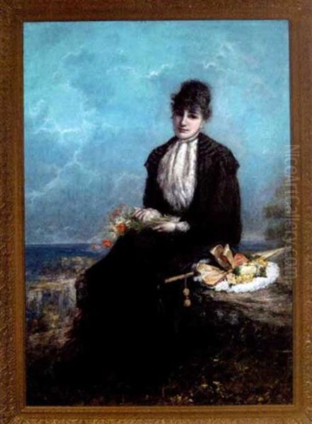 Portrait Of A Lady Holding A Bouquet Of Flowers In A Landscape - view 1