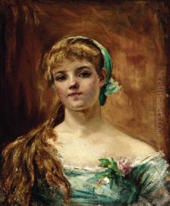 A Portrait Of A Young Girl Wearing A Blue Dress With A Pink Rose