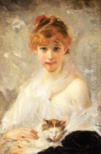 A Young Lady And Sleeping Cat - view 1
