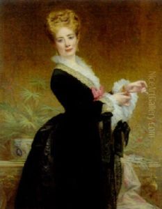 Portrait Of An Elegant Lady, Wearing A Black Dress Trimmed With Lace by Charles Joshua Chaplin