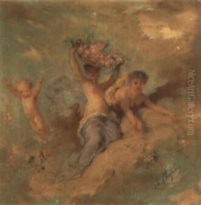 Allegory Of Spring: A Young Girl With A Basket Of Flowers And Two Putti by Charles Joshua Chaplin