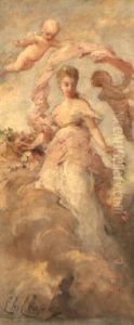 Allegory Of Spring: Two Young Girls And A Putto Throwing Flowers by Charles Joshua Chaplin