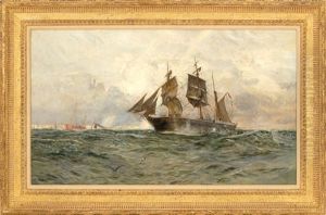 Ship Off The Coast With A Rainbow In The Background