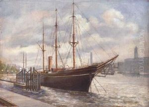 R.r.s. (national Antarctic Exploring Vessel) Discovery Moored Onthe Embankment by Gabriel Auguste Ancelet