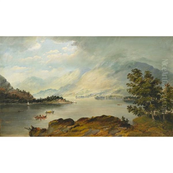Extensive River View In A Mountainous Landscape With Figures In Boats - view 1