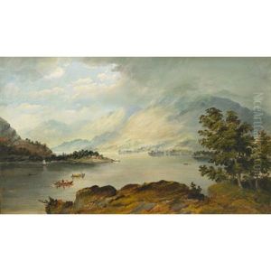 Extensive River View In A Mountainous Landscape With Figures In Boats