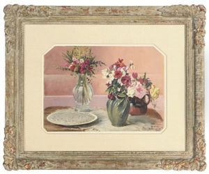 Still Life Of Flowers In Vases And A Pie by Conrad Wise Chapman
