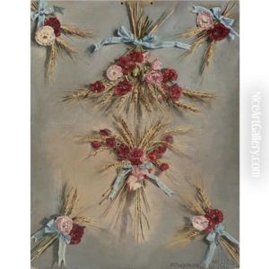 Large Still Life Of Bundles Of Wheat And Summer Flowers