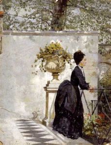 Woman In Black Dress Standing On A Balcony (+ Man Playing Croquet, Smaller; 2 Works) by Conrad Wise Chapman