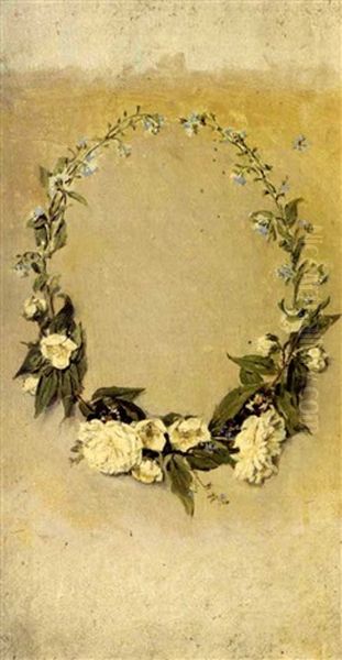 Wreath Of Yellow Roses On A Wall (+ Still-life Of A Flowering Branch, 1866, Oil On Canvas, Insc.; 2 Works) - view 1