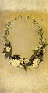 Wreath Of Yellow Roses On A Wall (+ Still-life Of A Flowering Branch, 1866, Oil On Canvas, Insc.; 2 Works) by Conrad Wise Chapman