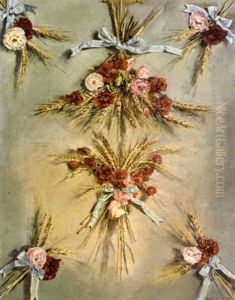 Still-life Of Bundles Of Wheat And Summer Flowers Tied With Blue Ribbons, Hanging On A Wall by Conrad Wise Chapman